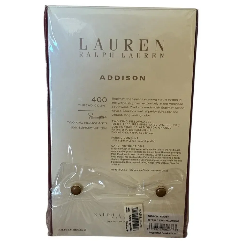Ralph Lauren TWO KING Pillowcases 400 Tread ADDISON Claret 20